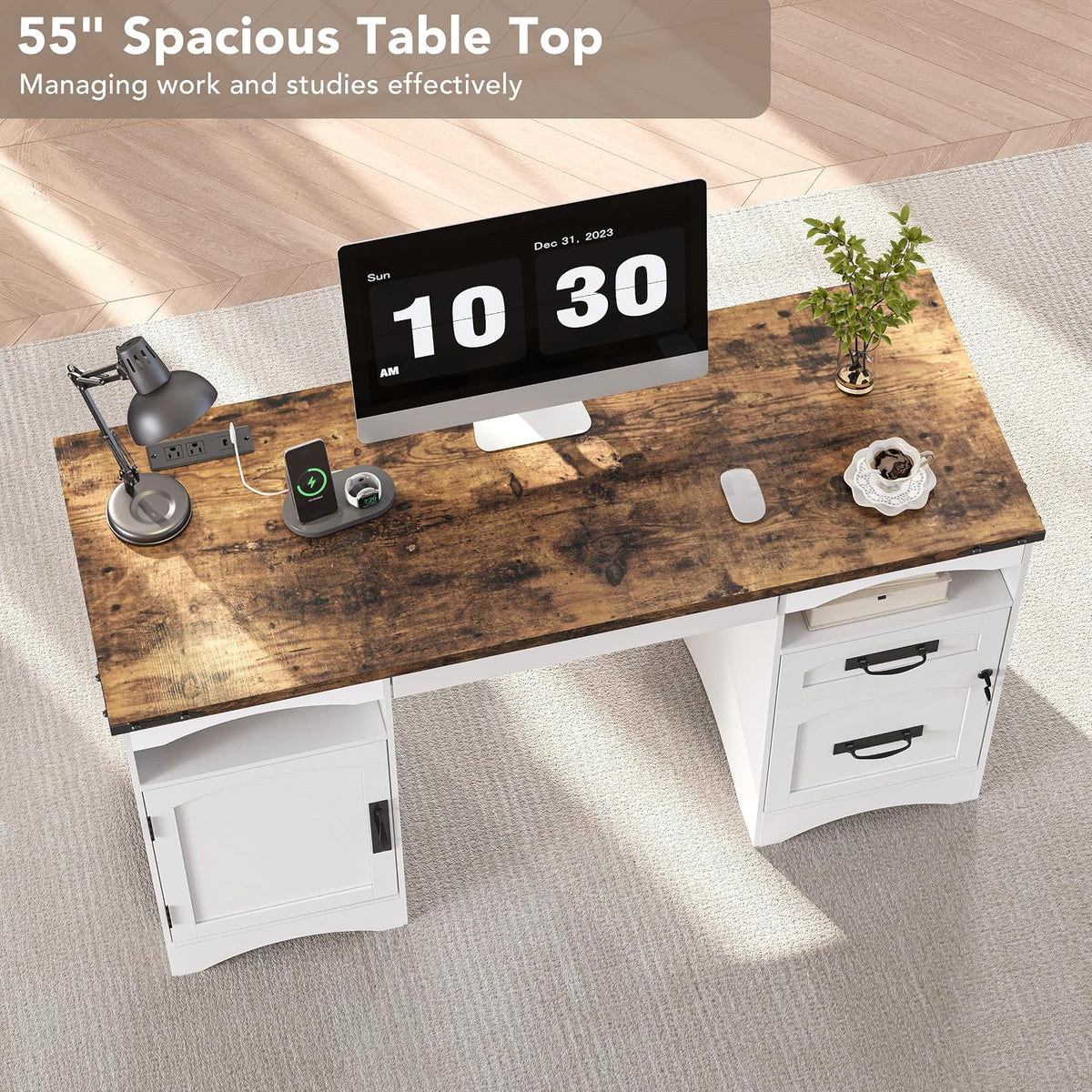 Decofy 55'' Farmhouse Executive Desk with Drawers & Charging Station, White