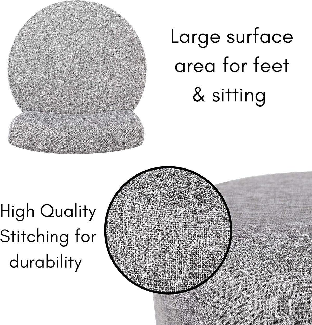 BIRDROCK HOME Linen Chair w/Back - Small Padded Footrest - Compact Round Ottoman Foot Stool - Living Room, Office, Dorm Chair - Upholstered Soft Seating - Black Metal Legs - Couch, Desk, Sofa - Grey